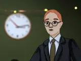 a close up of the lawyer and a clock in the background of a stop motion animation 