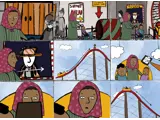 A storyboard illustration with nine sections. Showing a woman and her two children getting on a rollercoaster.