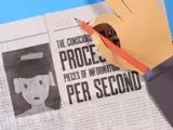 A still image from a stop motion animation. Showing a papercrafted hand , holding a pencil and drawing on a newspaper.
