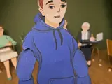 A close up of the main boy character from the Clan Childlaw animation